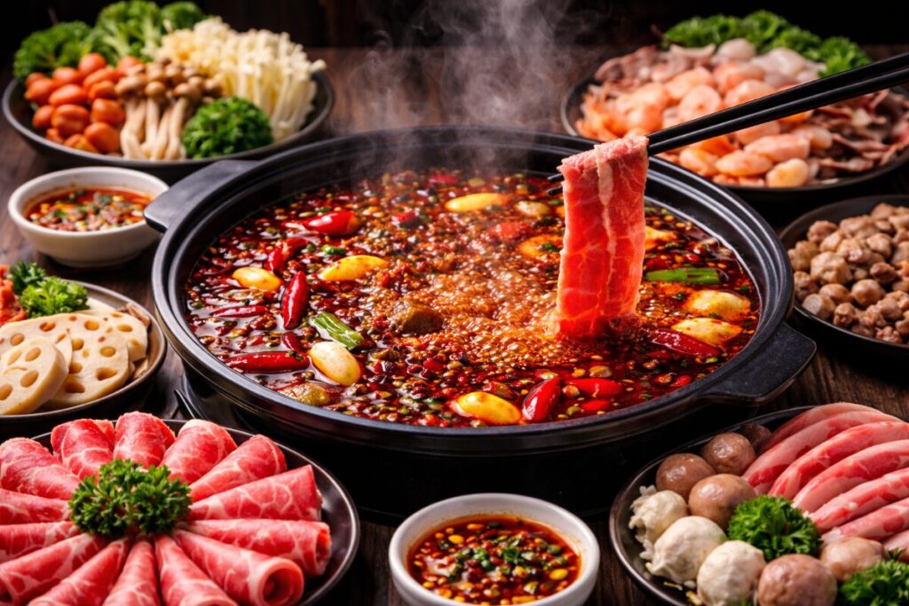 女子吃麻辣火锅”